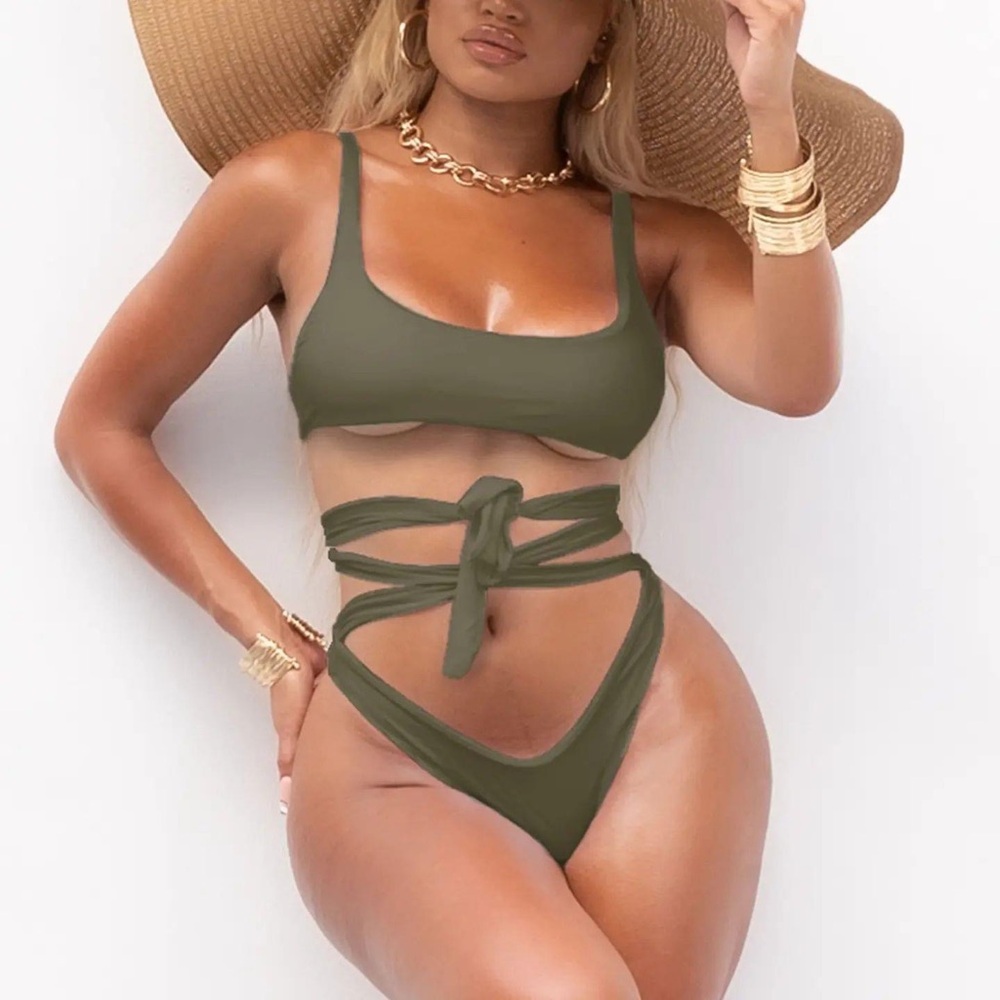 Matte Swim Collection Dorian Wrap Bikini Top and Bottom Set Olive Green